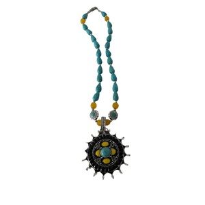 Turquoise Beaded Sunburst Pendant Necklace Silver Boho Statement